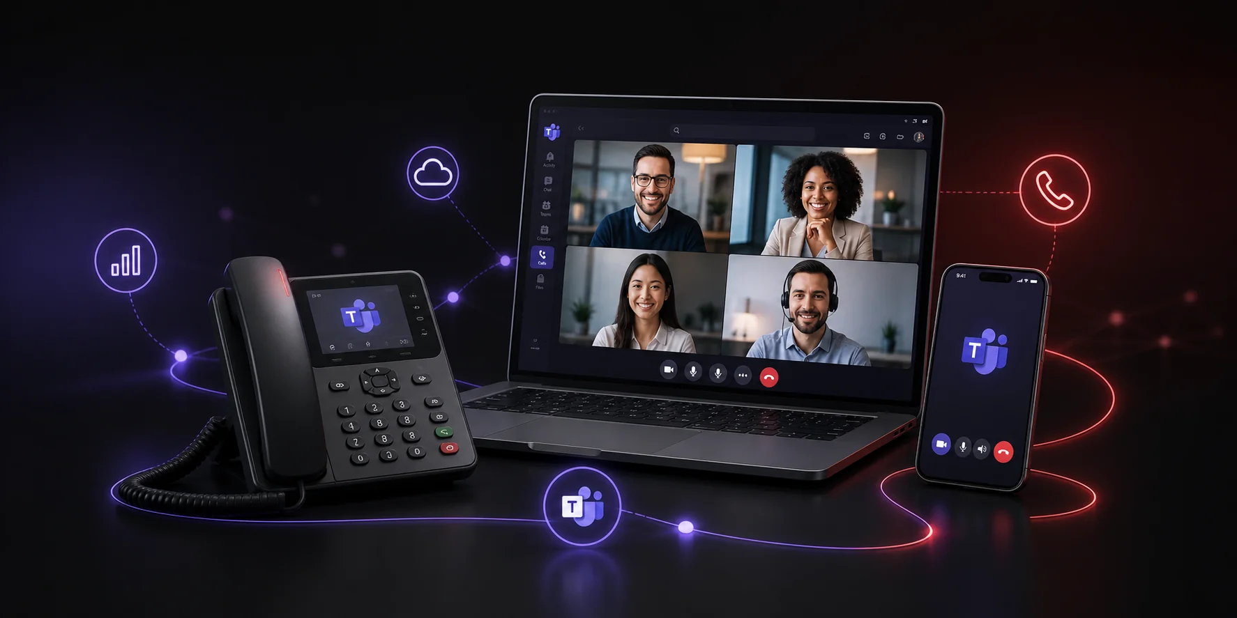 Téléphonie Microsoft Teams - téléphone IP, laptop et smartphone connectés