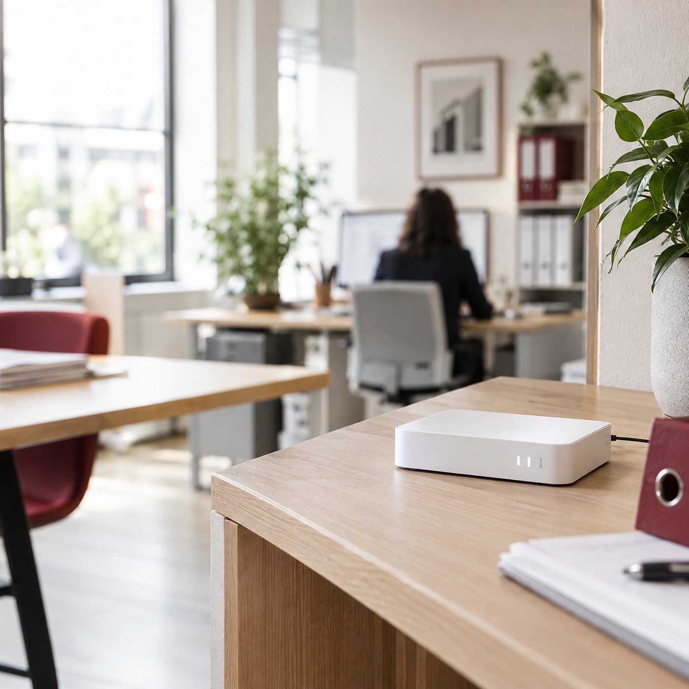 Boîtier d'accès fibre posé sur un bureau, dans les locaux d'une petite entreprise